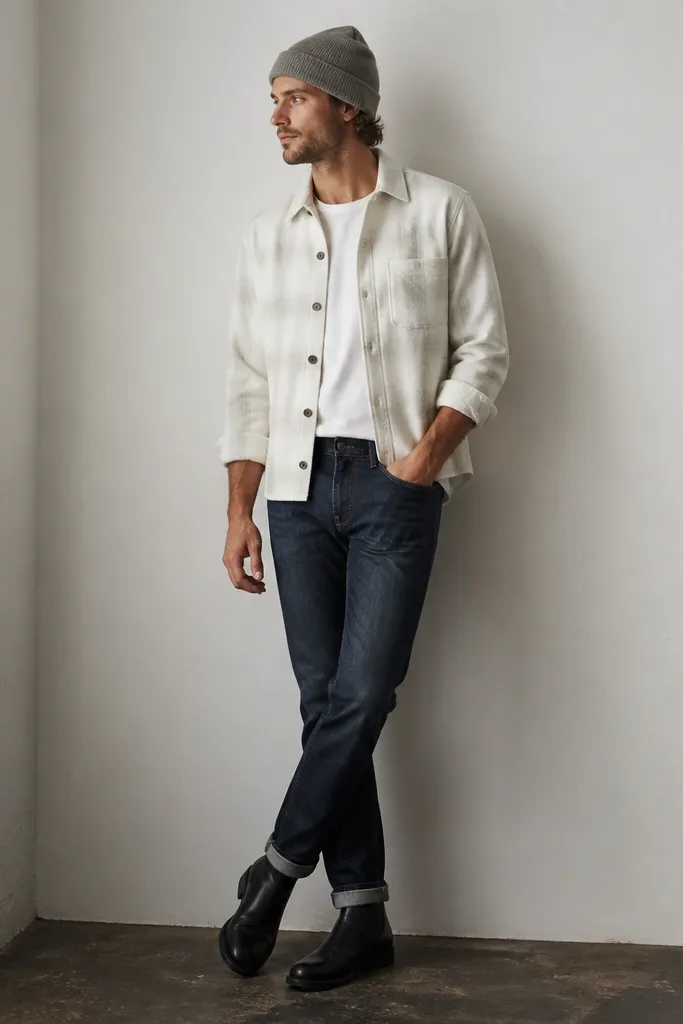 A man wearing a white flannel overshirt over a plain white or light grey tee. The overshirt sleeves are rolled and the hem sits near the belt line over dark blue jeans. He wears black Chelsea boots and a grey beanie.