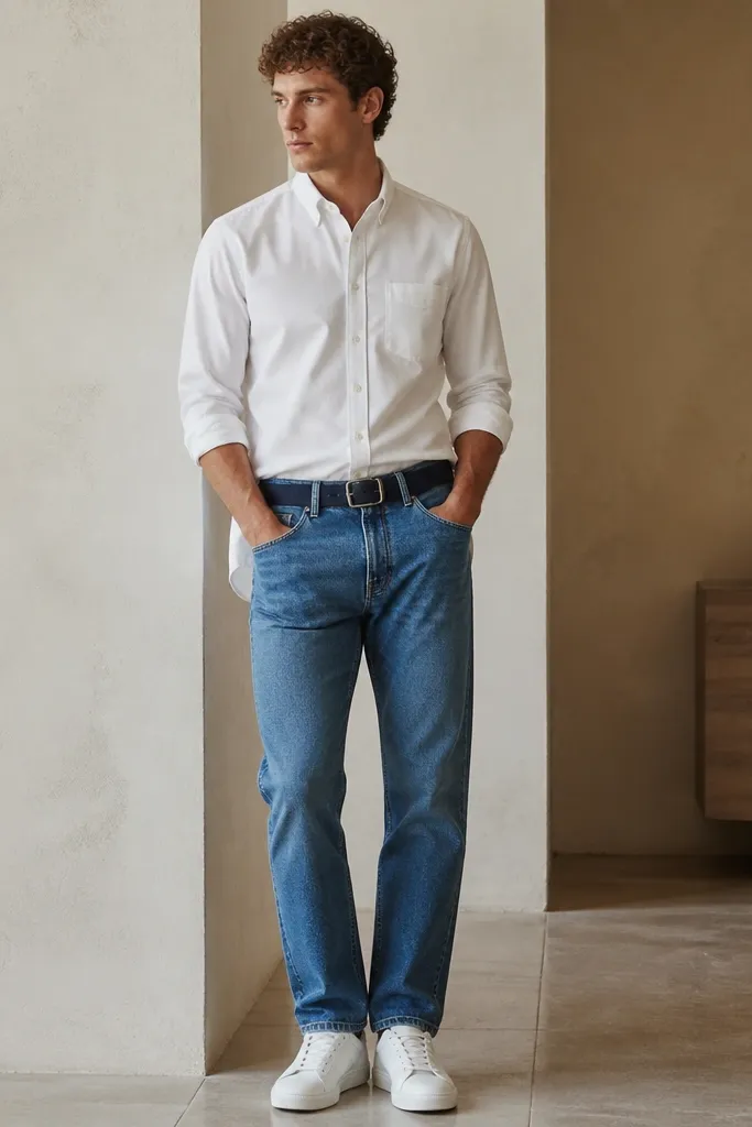 A man wearing a white button-up with the front tucked and the back left untucked. The shirt corners sit flat, and the jeans are medium wash straight leg. He wears white sneakers and a navy belt.