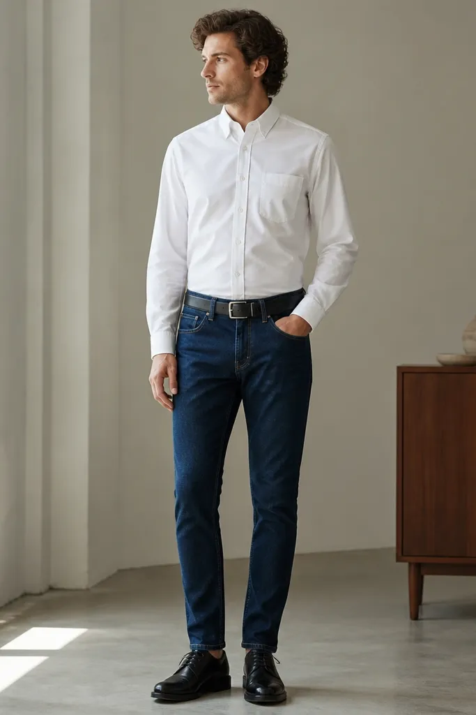 A man wearing a white button-up with a small chest pocket, tucked into dark blue tapered jeans. He's wearing black leather derby shoes and a black belt. The shirt looks smooth and the pocket sits flat.