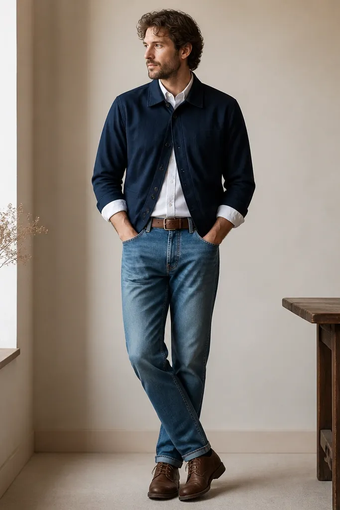 A man wearing a white button-up with rolled sleeves under a navy overshirt. The overshirt is closed at the top button and worn over medium wash blue jeans. He wears brown leather lace-up shoes and a brown belt.