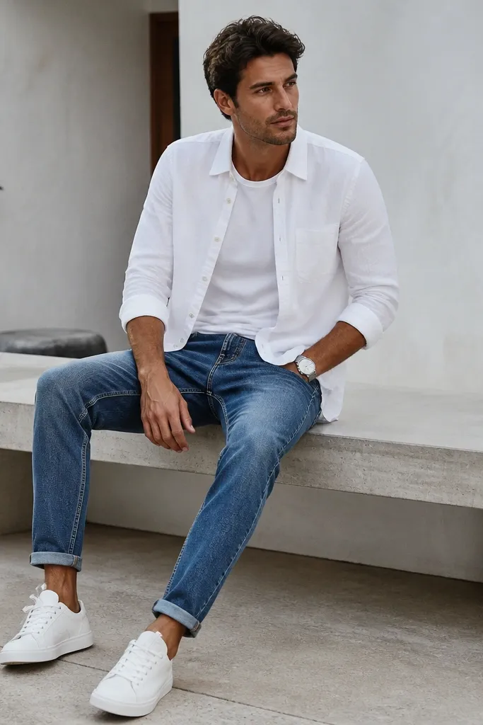 A man wearing a white t-shirt under a white button-up that is half-buttoned, with blue jeans cuffed once at the ankle. He wears white sneakers and a simple silver watch. The outfit looks clean and sporty.