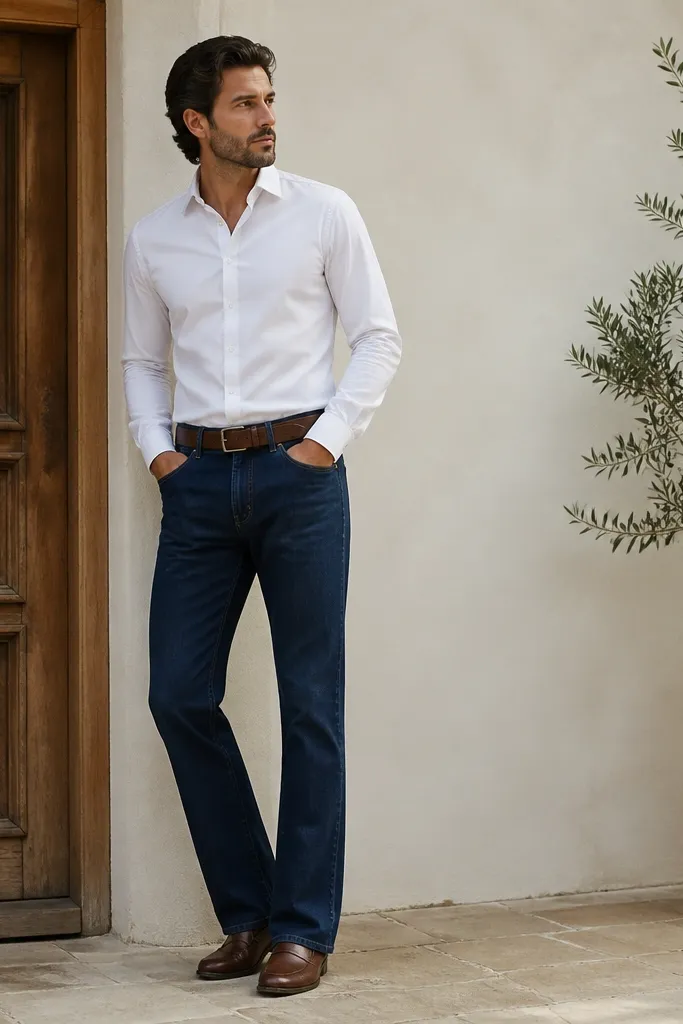 A man wearing a white button-up fully tucked into indigo bootcut jeans. The jeans widen slightly from knee to hem. He wears brown leather loafers and a brown belt. The shirt is smooth and the jeans drape over the shoe.