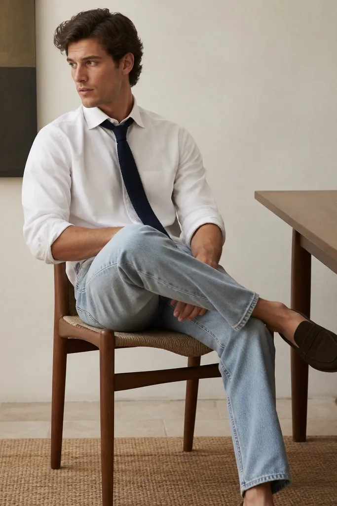 A man wearing a white button-down with a navy knit tie (casual, not skinny dress tie) tucked under the collar. The tie is slightly loosened. He wears light wash blue jeans and dark brown suede loafers.