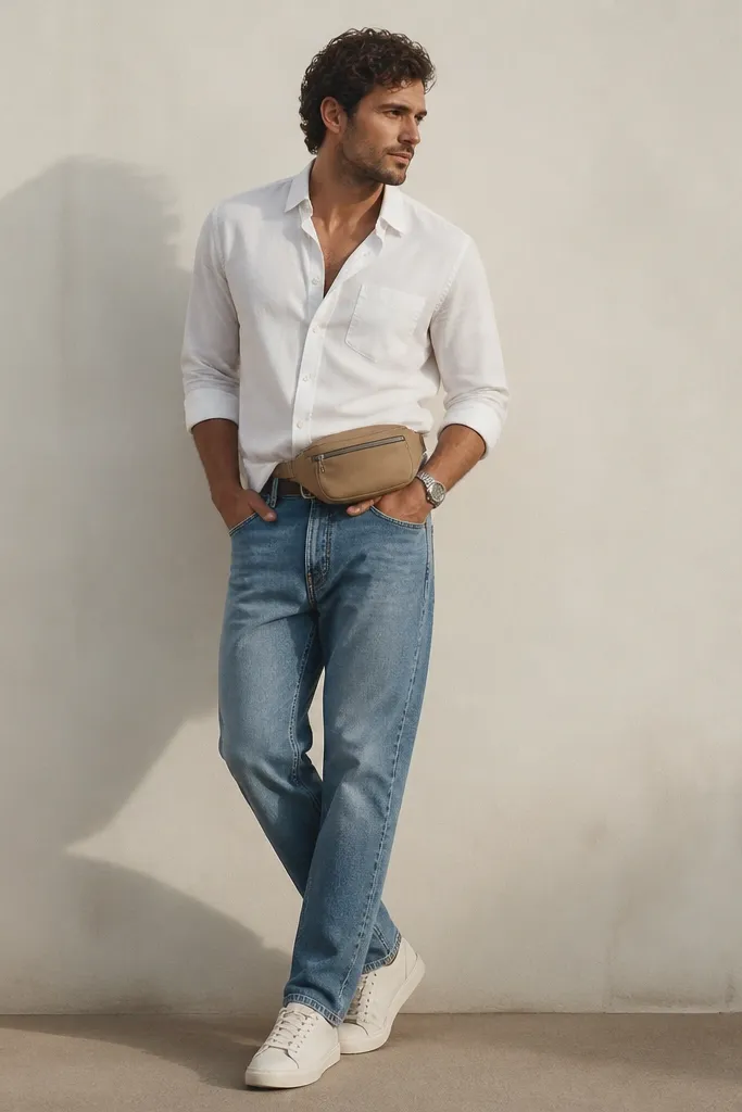 A man wearing a white button-up with rolled sleeves and a half-tuck into medium wash jeans. A tan belt bag sits across the waist on top of the belt line. He wears white sneakers and a silver watch.