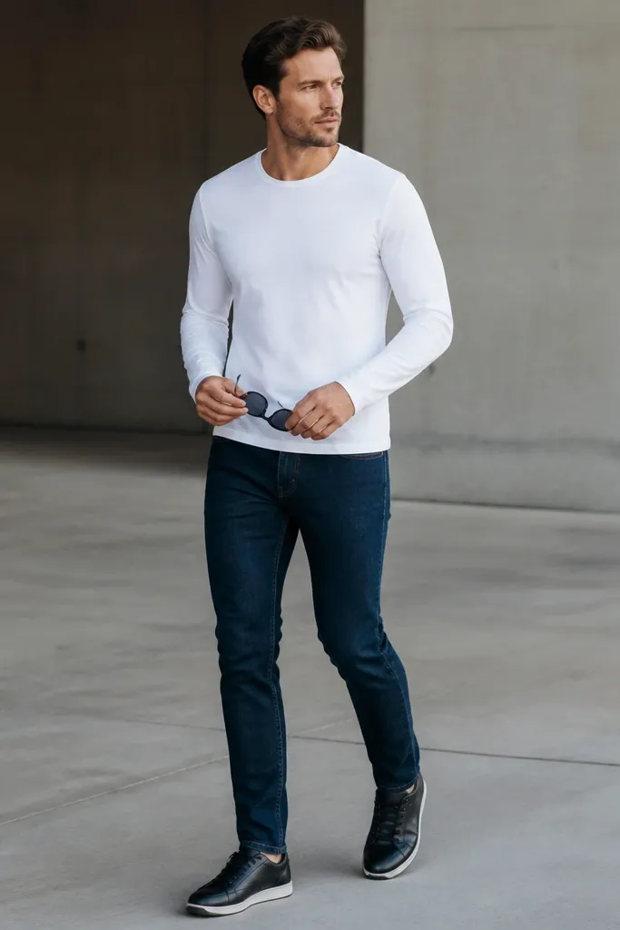A man wearing a white crew-neck shirt (or very clean white button-up) tucked into dark blue jeans. He has black sunglasses in hand and wears black leather sneakers. The lighting shows the shirt catching light without glare.