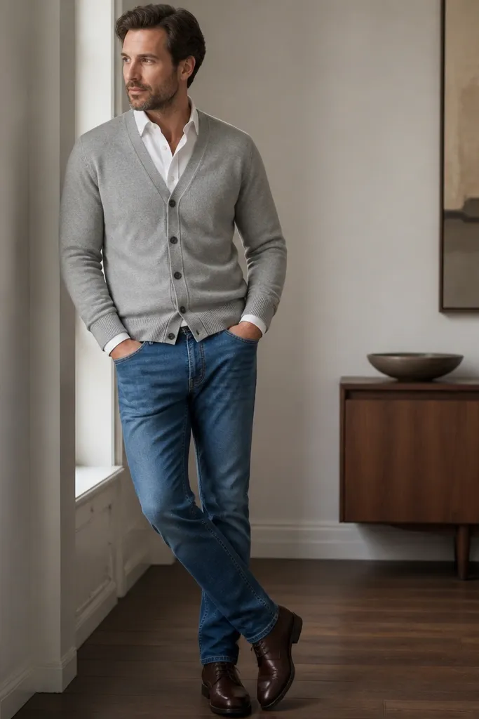A man wearing a white button-up under a light grey cardigan. The cardigan is buttoned, and the white shirt peeks at the collar and cuffs. He wears mid-blue jeans and dark brown leather shoes.