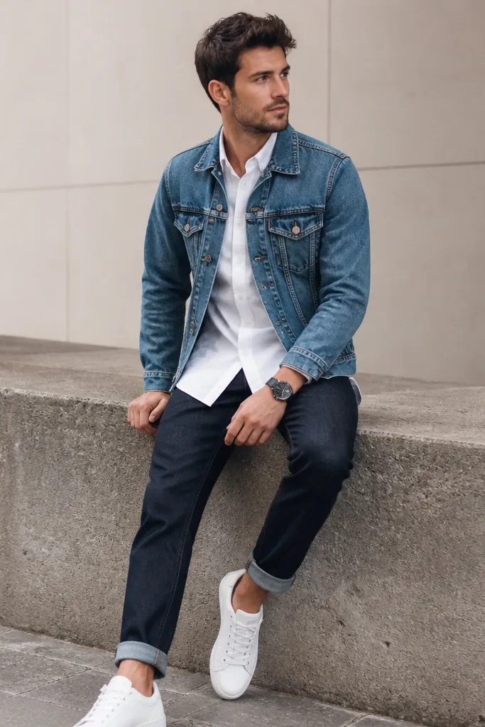 A man wearing a white button-down under a medium wash denim jacket. The jeans are dark and slightly cuffed at the ankle. He wears white sneakers and a black watch.