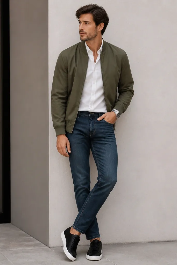 A man wearing a white shirt tucked into tapered blue jeans with a lightweight bomber jacket in olive. The bomber is zipped halfway and sleeves are down. He wears black sneakers and a simple silver watch.