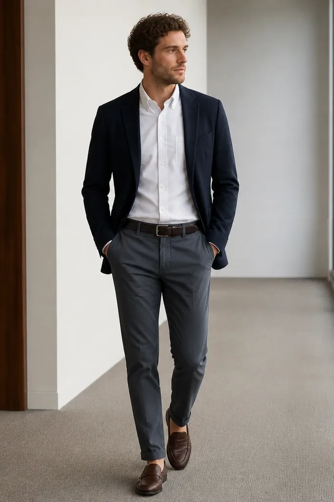 A man in a charcoal chino with a slight tapered leg paired with a crisp white oxford button-down tucked in. He wears a navy unstructured blazer with soft shoulders, a dark belt, and brown leather loafers. Background is a simple office hallway; the outfit looks clean and ironed.
