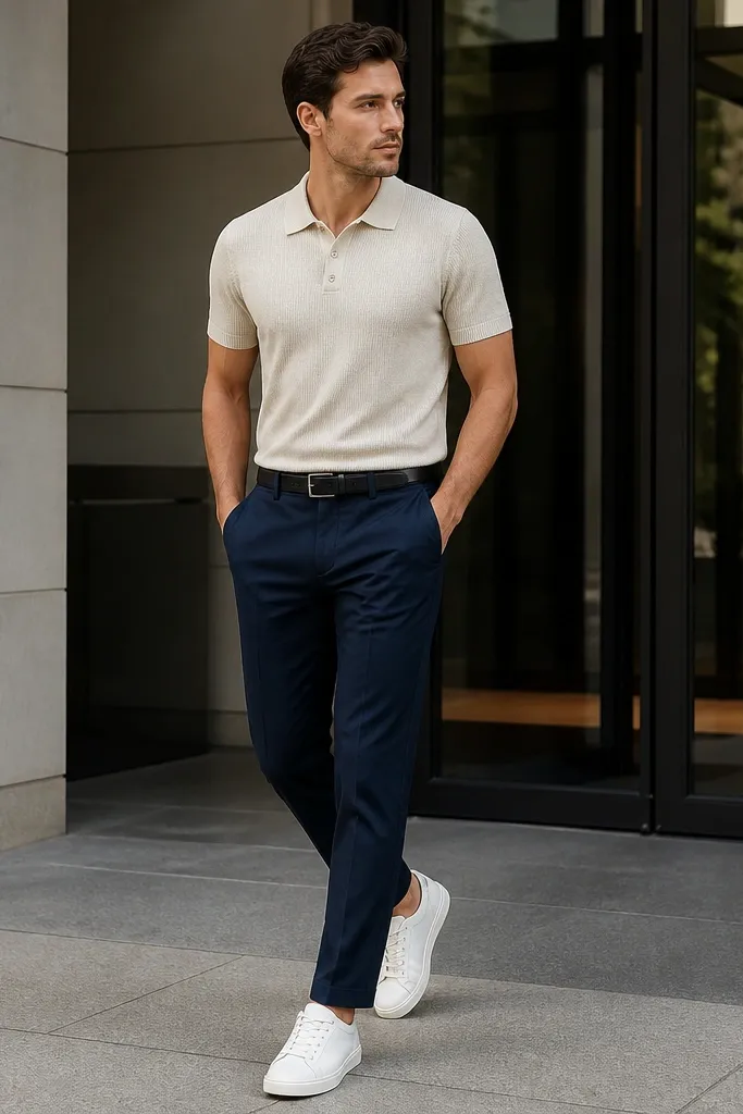 A man wearing a light stone knit polo tucked into navy trousers with a neat belt. He has white low-top sneakers with smooth leather and minimal branding. The polo collar sits flat and the sleeves end at the upper bicep. Outdoor office entrance backdrop.