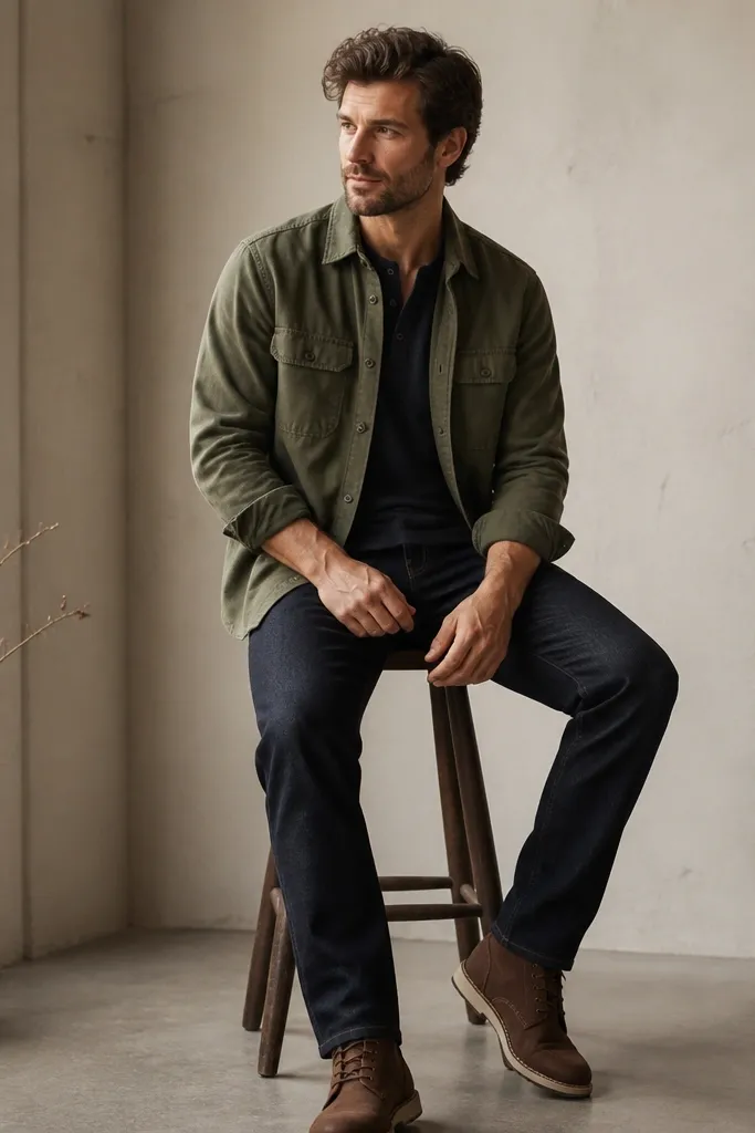 A man in a navy henley under an olive overshirt. He's wearing dark indigo jeans with a straight fit and brown boots. The overshirt is buttoned halfway, showing the henley neckline.