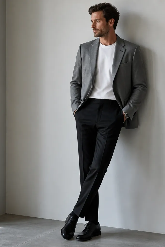 A man wearing a white crew-neck tee tucked into black trousers. Over it is a grey blazer with a soft shoulder. He wears black leather derbies and a silver watch. The look is sharply contrasted and very clean.