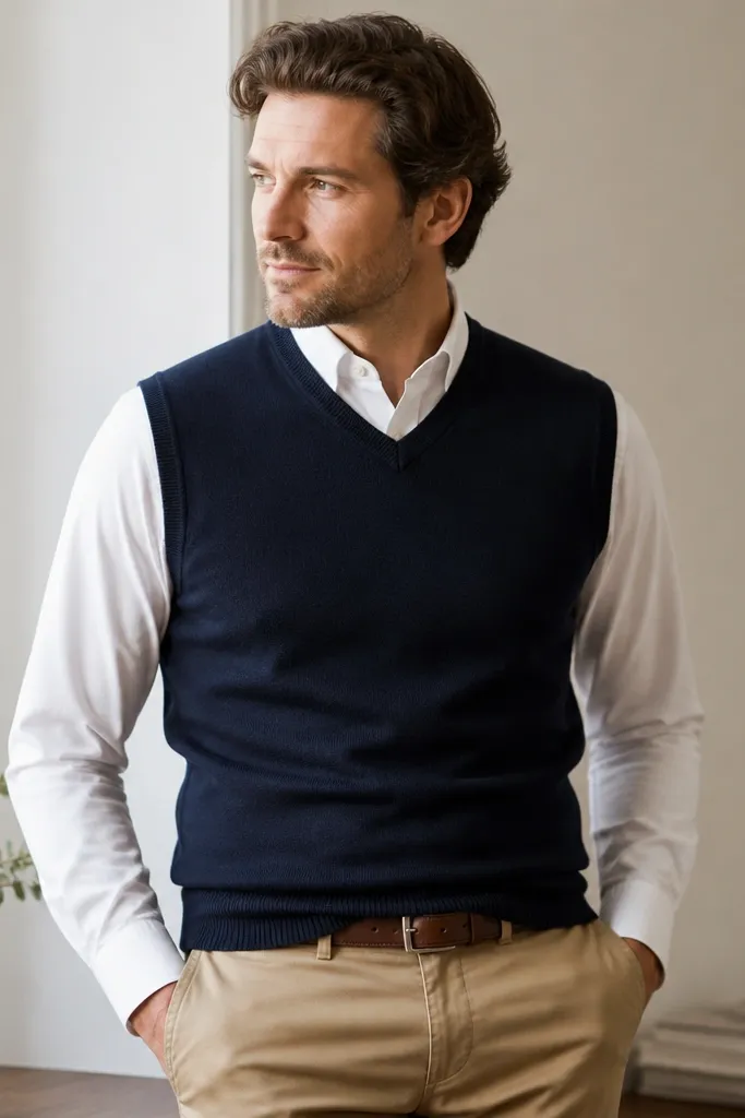 A man wearing a navy sweater vest over a white button-down. He has tan chinos and a brown leather belt. The shirt collar sits neatly above the vest, and the sleeves are unrolled at the wrist.
