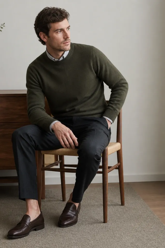 A man wearing an olive crewneck sweater over a striped button-down. The stripes show at the collar and slightly at the cuffs. He's wearing dark trousers and dark brown loafers.
