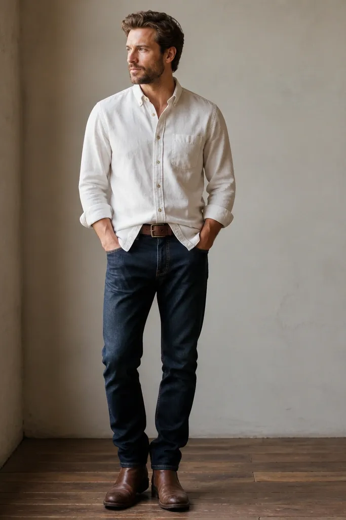 A man in a light white chambray button-up worn untucked over indigo jeans. He wears a brown belt and brown leather boots. The shirt has a slightly lived-in texture and the cuffs are rolled once.