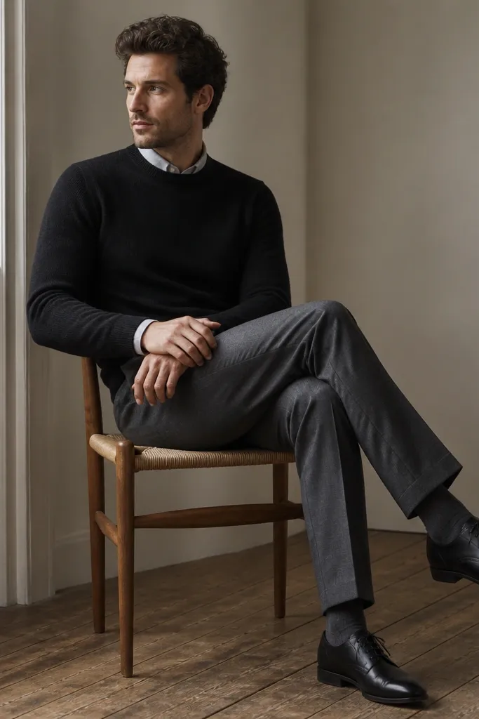 A man wearing a black crewneck sweater over a grey oxford shirt. The shirt collar peeks out and the outfit includes grey trousers and black leather shoes.