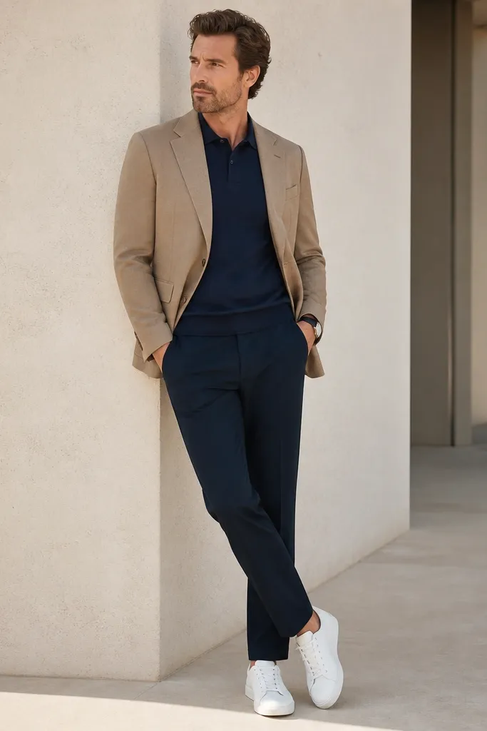 A man with a tan blazer over a navy polo. He wears white low-top sneakers, navy trousers, and a simple watch. The blazer is unbuttoned and the polo collar is flat.