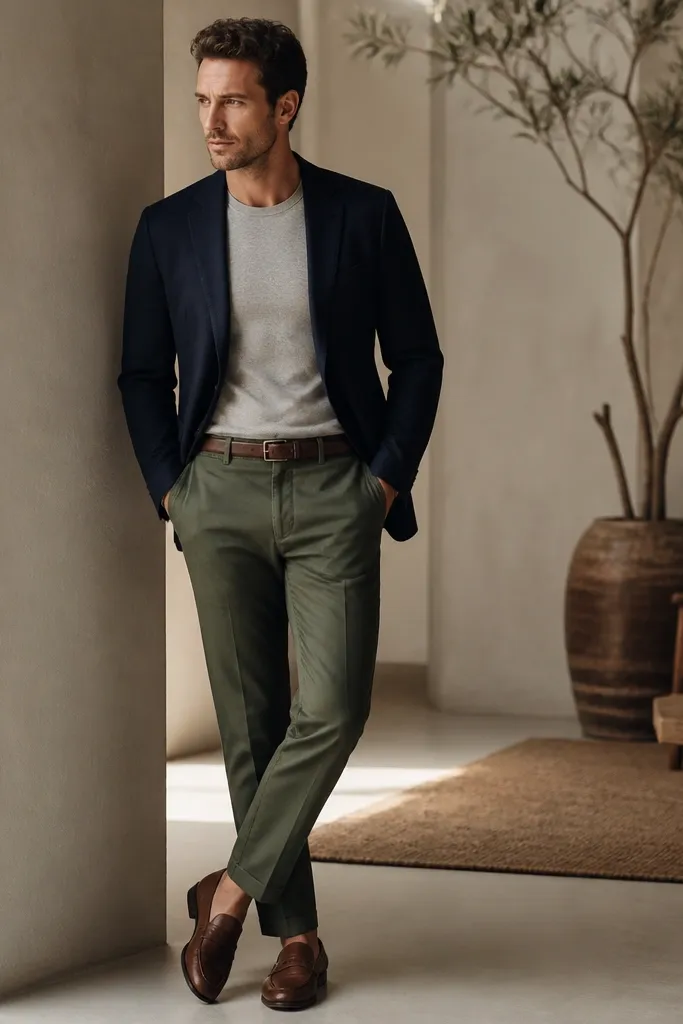 A man wearing a navy blazer with a light grey crew tee tucked into olive chinos. He wears brown loafers and a brown leather belt. The blazer hem shows the tee waistband tucked neatly.