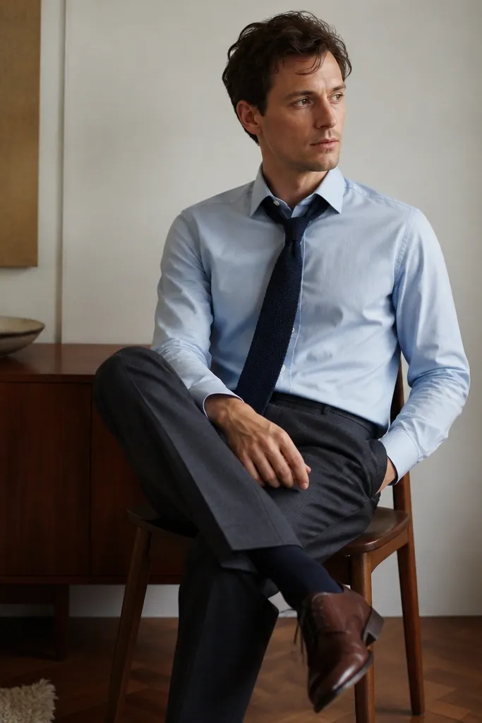 A man wearing a light blue oxford shirt with a navy knit tie and a partially open collar. He wears dark charcoal slacks and a brown oxford shoe. No blazer, just the shirt and tie.