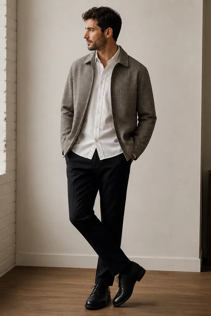 A man wearing a small check overshirt in muted tones over a white button-down. He has black chinos and black leather shoes. The overshirt is unbuttoned and the white shirt collar is visible.