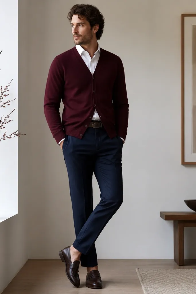 A man wearing a burgundy cardigan over a white button-down with the collar visible. He's in navy trousers with a dark belt and dark brown loafers.