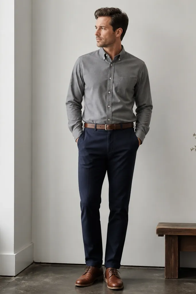 A man in a grey flannel button-up tucked into navy chinos. He wears a brown leather belt and brown leather shoes. The shirt has a soft matte texture and the cuffs are visible.