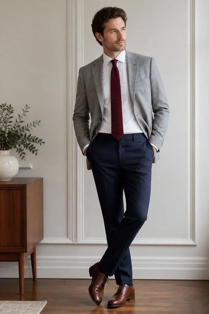 A man wearing a white button-down tucked into navy chinos with a light grey sport coat. He has a burgundy knit tie and brown derby shoes. The sport coat is unbuttoned.