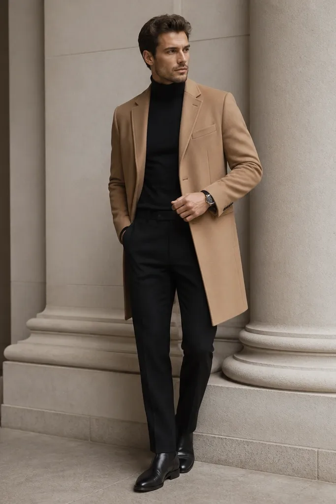 A man wearing a black turtleneck tucked into black trousers with a camel overcoat. He has black leather shoes and a simple watch. The overcoat sits clean at the hips.