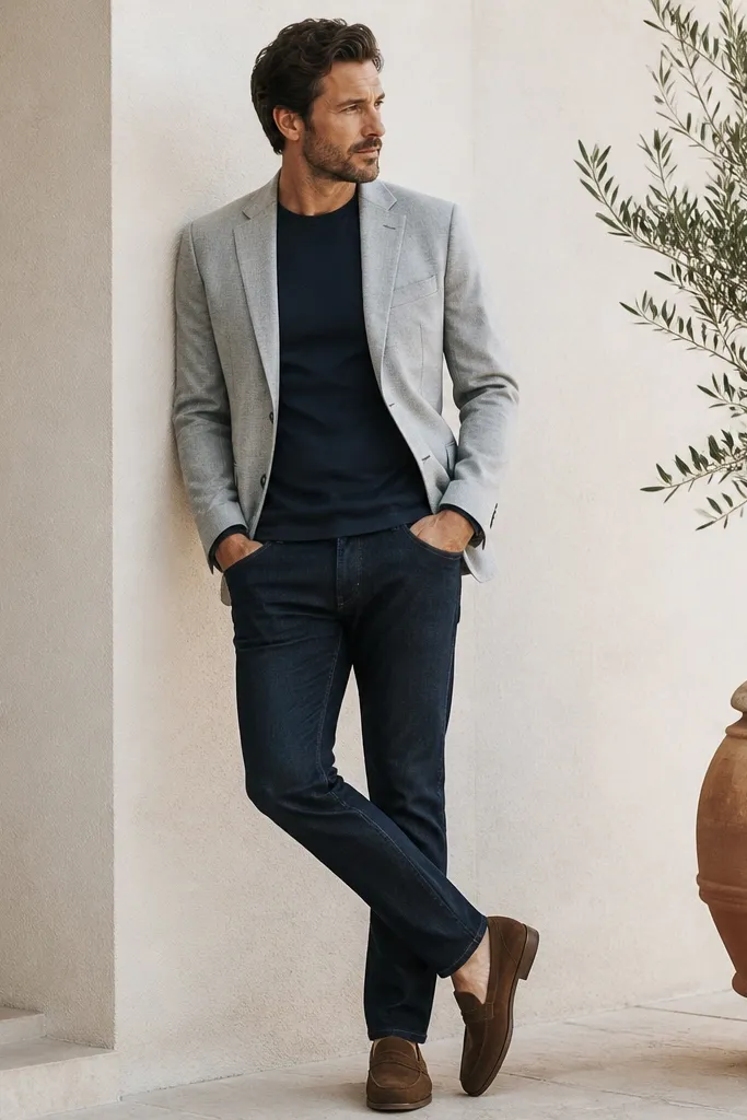 A man wearing a light grey suit jacket over a navy crew tee. He's paired with dark, clean jeans and brown suede loafers. No tie, jacket unbuttoned.