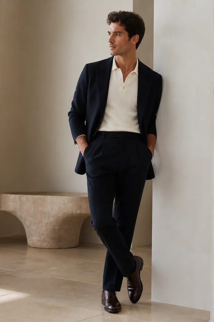 A man wearing a cream knit polo tucked into dark trousers. He has a navy blazer over it and dark brown oxford shoes. The polo collar is neat and the sleeves end at the upper forearm.