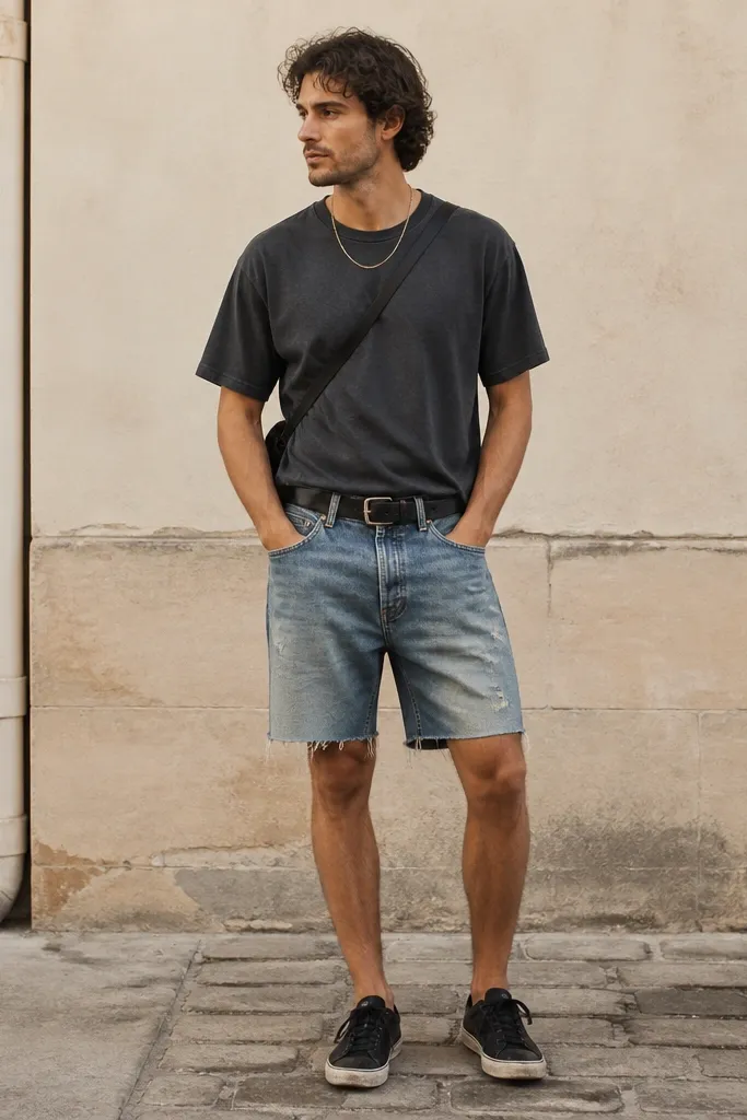 A man in a washed black crewneck T-shirt tucked slightly into faded denim cut-off shorts, wearing scuffed black low-top sneakers and a thin black belt. He has a simple chain at the collarbone and a small crossbody bag strap across his chest.