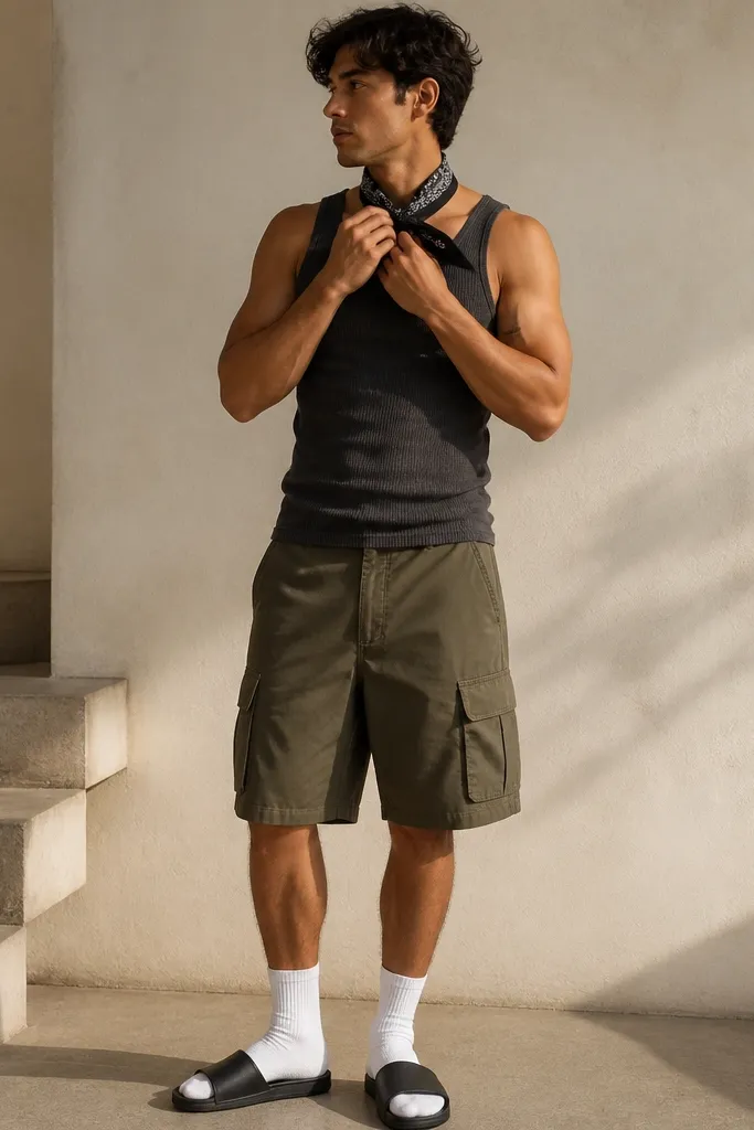 A man wearing a charcoal ribbed tank top and olive cargo shorts with visible utility pockets. He wraps a black-and-white bandana around his neck, and wears black slide sandals with white socks.