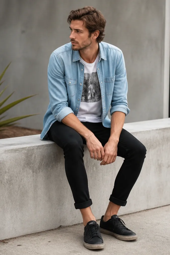 A man in a faded light-blue button-up shirt worn open over a white graphic tee. The shirt sleeves are rolled to the forearm, and he wears black skinny jeans cuffed above the ankle with worn black sneakers.