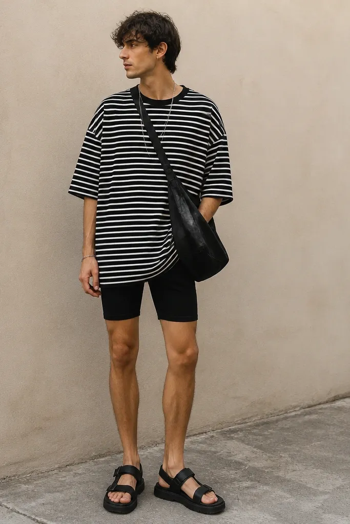 A man wearing an oversized black-and-white striped tee that drapes over black biker shorts. He has chunky black sandals and a crossbody bag, with a thin silver chain hanging from the neckline.