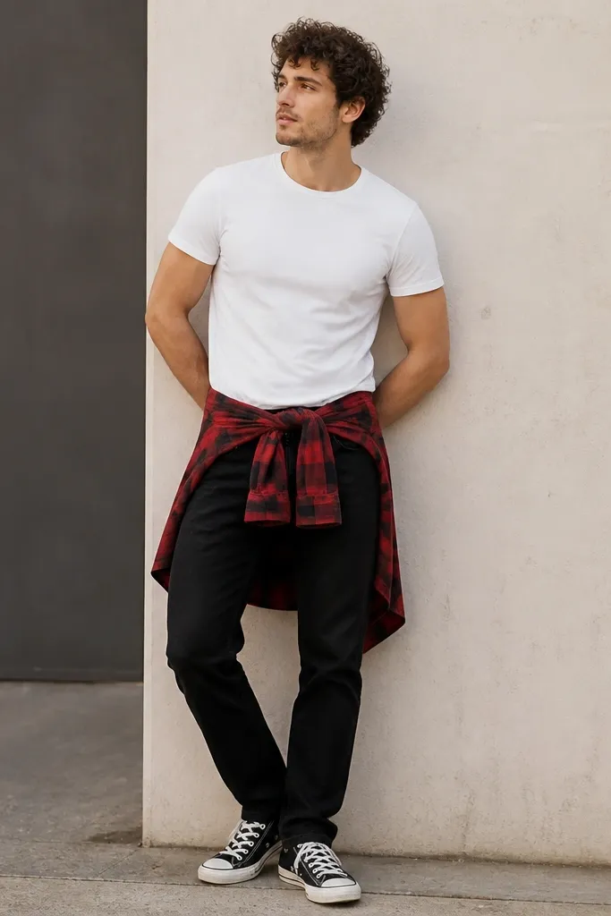 A man in a fitted white tee with a red-and-black flannel tied around his waist, showing the knot at the center. He wears black straight-leg jeans and black canvas sneakers with white laces.
