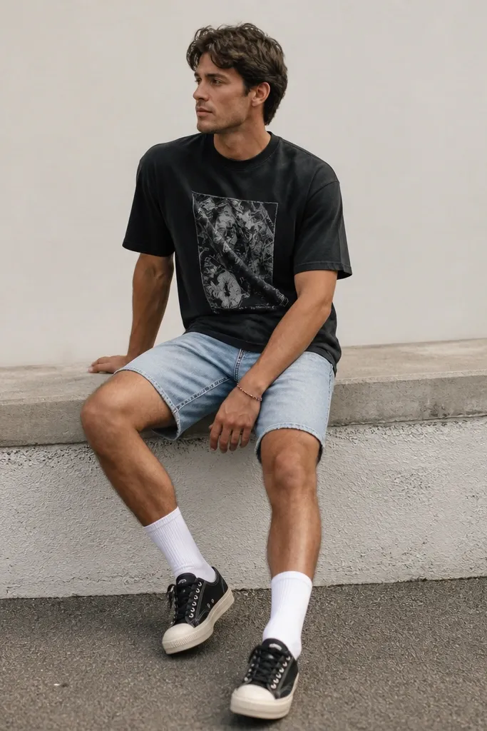 A man wearing a black graphic T-shirt and light-wash denim shorts. He wears long white socks pulled up and black sneakers, with a small beaded bracelet on his wrist.