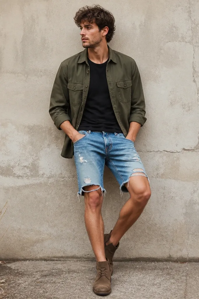 A man wears an olive overshirt unbuttoned over a black tee. He has ripped-knee denim shorts with frayed edges and wears worn brown boots cut off at the ankle.