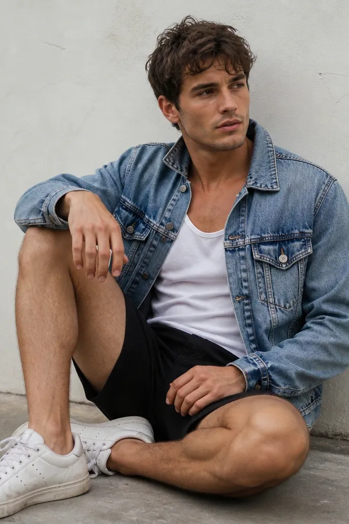 A man in a washed blue denim jacket with the collar slightly open over a white tank. He wears black shorts and white sneakers with scuffed sides.