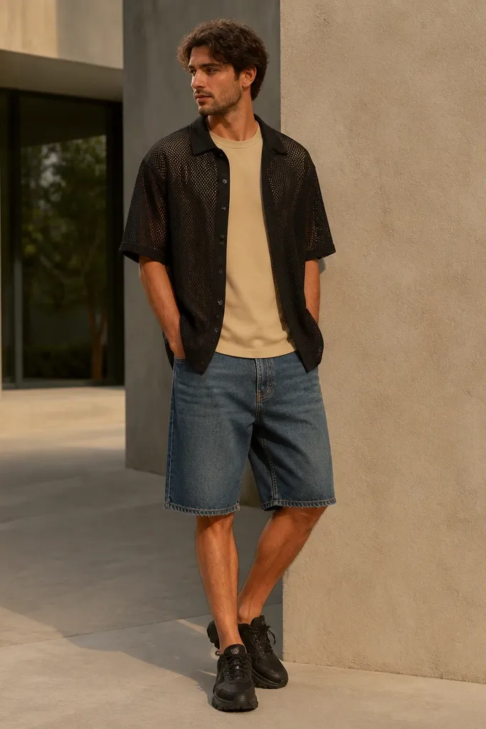 A man wears a khaki T-shirt under a black mesh overshirt. He has knee-length denim shorts and wears black sneakers with thick soles.