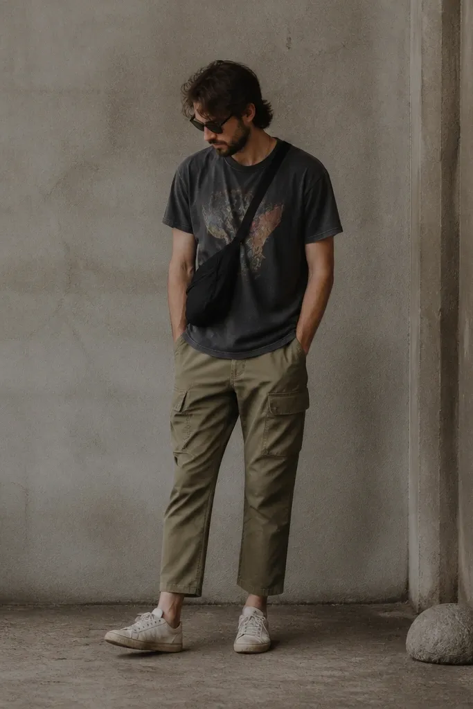 A man wears a faded band T-shirt and olive cargo pants that are cropped to the ankle. He has scuffed white sneakers and a black crossbody bag.