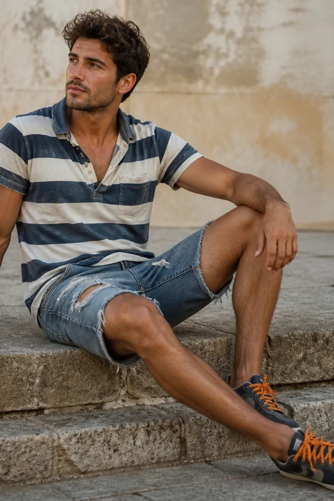 A man wears a worn striped polo shirt (muted navy and off-white) slightly unbuttoned. He has distressed denim shorts with frayed rips and wears sneakers with visible orange laces.