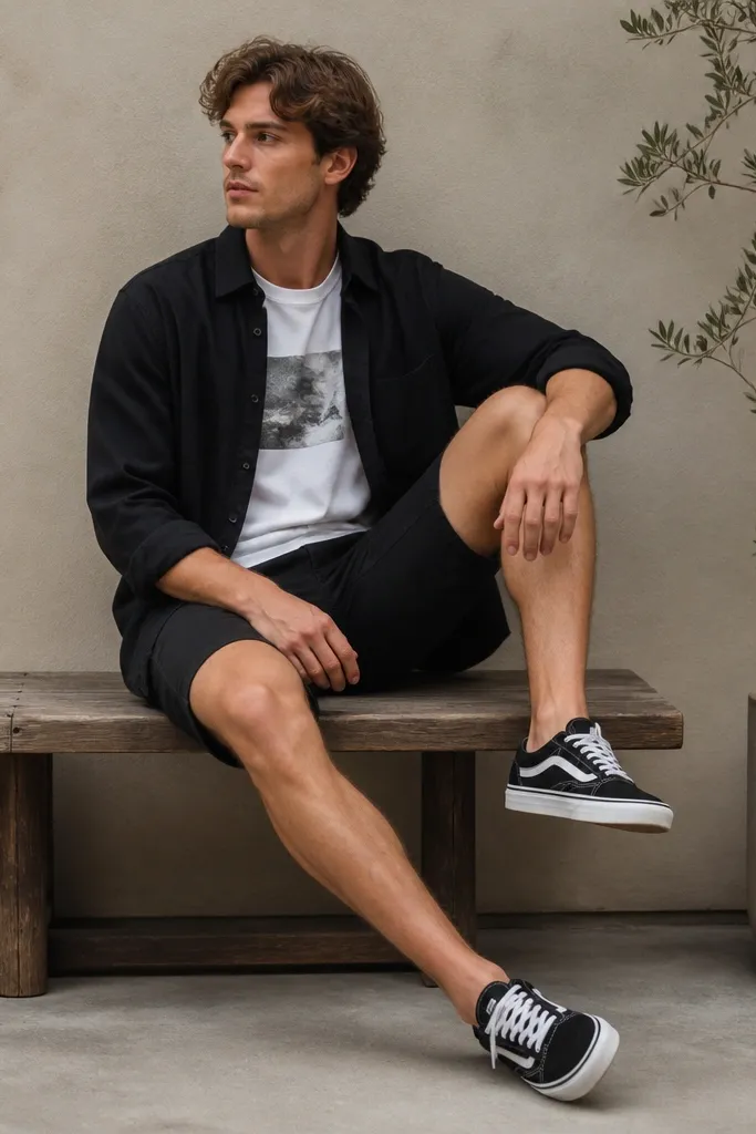 A man wears a black button-up shirt open over a white graphic tee. The sleeves are rolled to the forearm, and he wears black shorts and black-and-white sneakers.