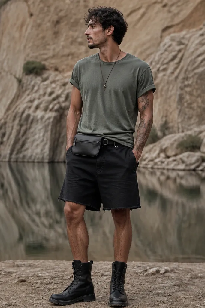 A man wears a faded olive T-shirt and black denim shorts with a slightly longer, skirt-like hem. He has black combat boots and a black belt bag.