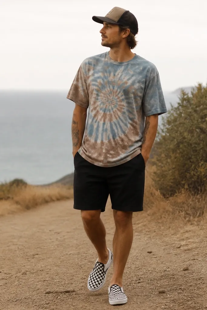 A man wears a washed tie-dye T-shirt in muted blues and browns. He pairs it with black shorts and black-and-white checkerboard sneakers, plus a mesh cap.