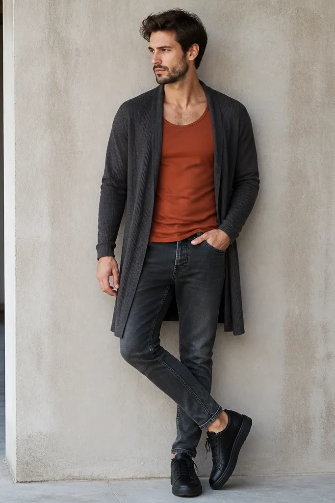 A man wears a rust-orange tank top under a longline open cardigan in dark gray. He has faded black jeans and wears black sneakers.