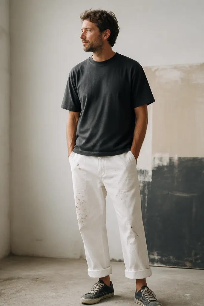 A man wears a charcoal T-shirt with a slight boxy fit and white painter pants with paint marks and rolled cuffs. He wears worn sneakers in gray and black.