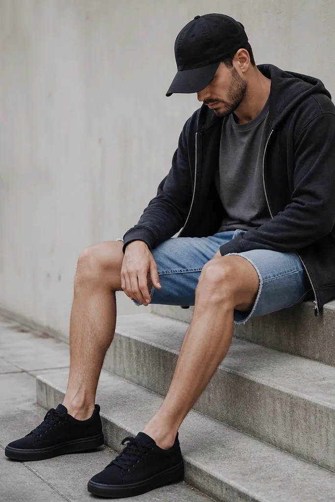 A man wears a faded black hoodie draped open over a short-sleeve tee. He has denim shorts and wears black sneakers, with a cap worn low.