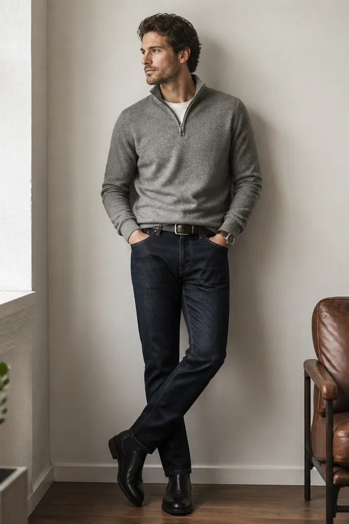 Heather grey quarter zip sweater layered over a subtle crewneck, dark indigo straight jeans, and black Chelsea boots; the outfit is styled with a dark belt and a simple wristwatch.