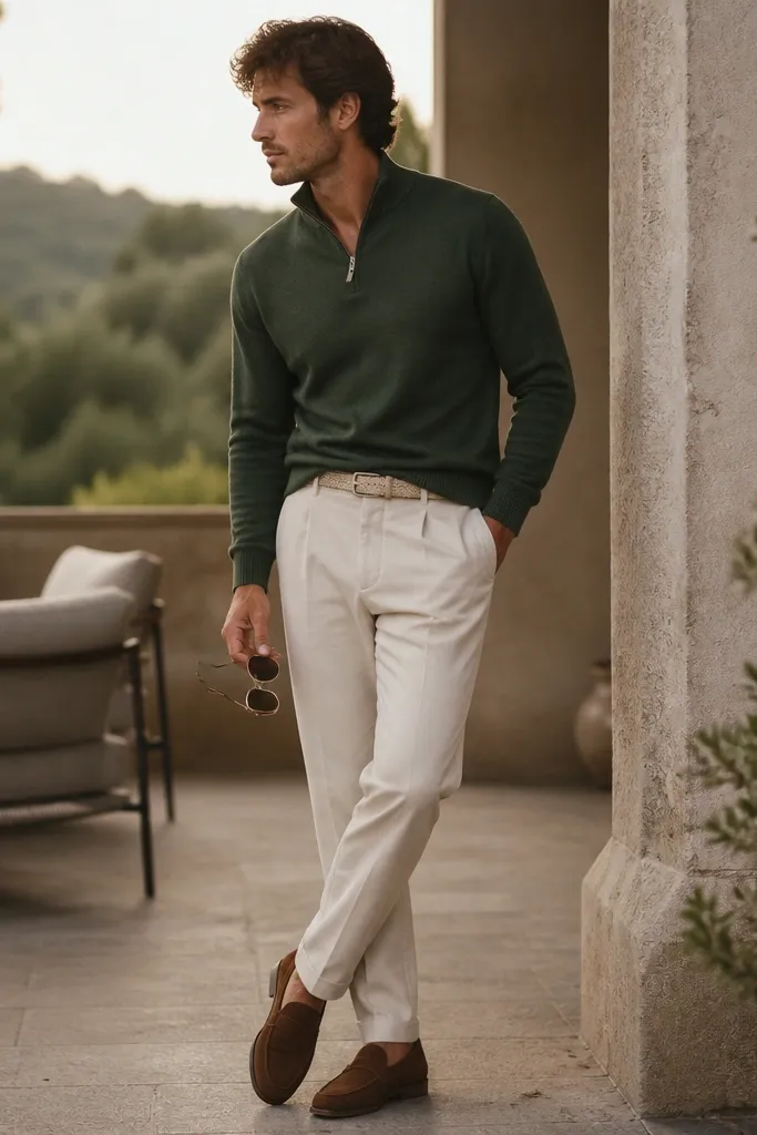 Forest green quarter zip sweater with ribbed cuffs, ecru chinos, and brown suede loafers; a light belt and minimal sunglasses sit in the scene.