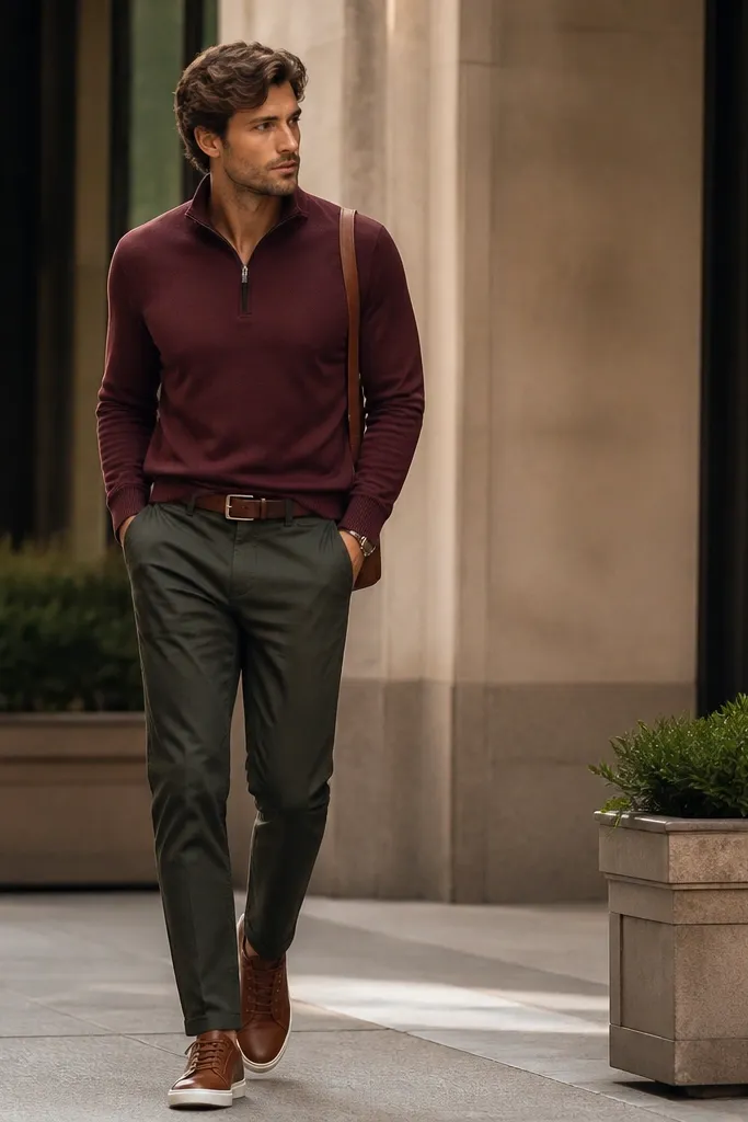 Burgundy quarter zip sweater with a muted sheen, dark olive chinos, and cognac leather sneakers; the styling includes a brown belt and a small crossbody bag strap in the background.